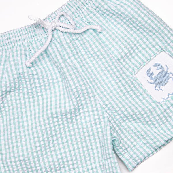 Shoreline Shuffle Smocked Swim Trunks, Aqua