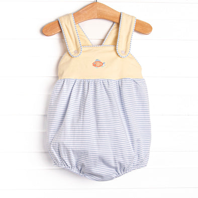 Tiny Fins Pima Embroidered Bubble, Yellow and Blue Stripe