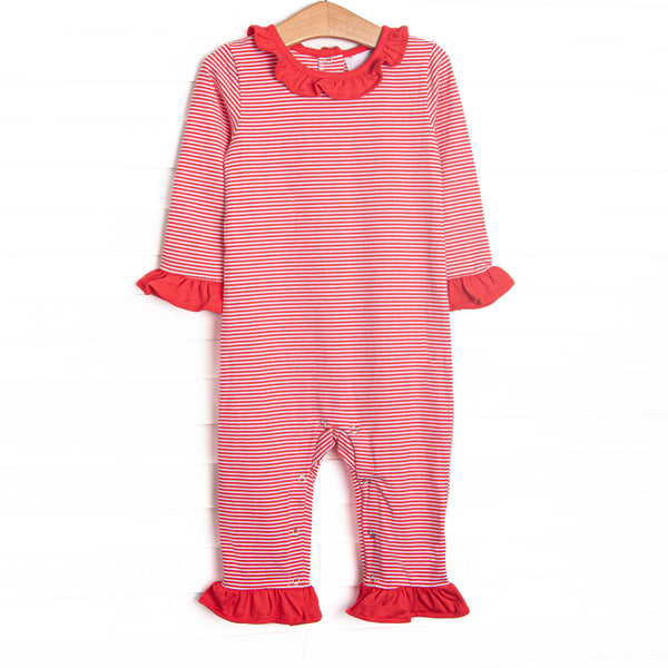 The romper features the softest knit material, snaps in the stride to make changing a breeze, and red stripes.