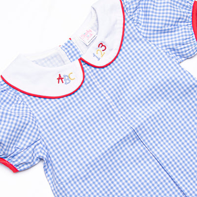 ABC Apple Applique Dress, Blue Gingham