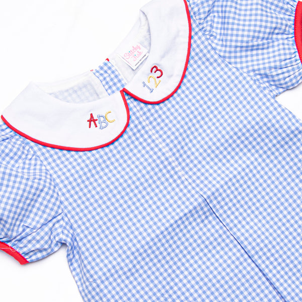 ABC Apple Applique Dress, Blue Gingham