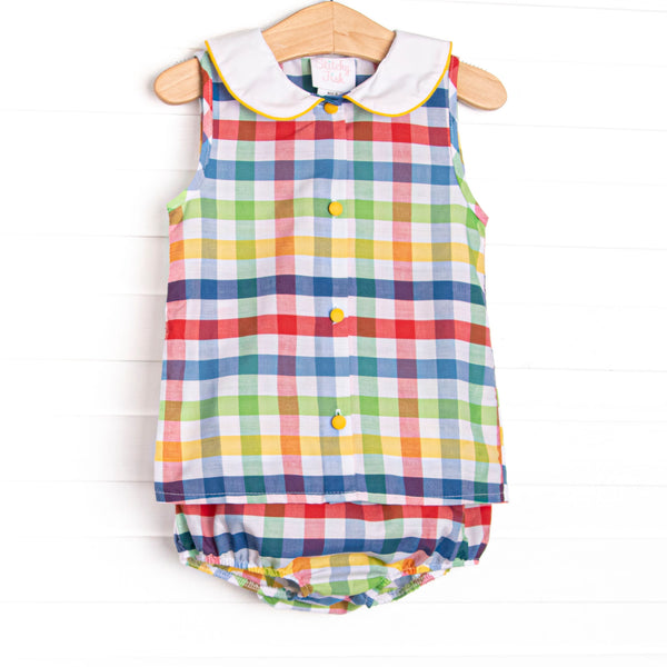 This set features a&nbsp; primary color check print, a peter pan collar and matching diaper cover