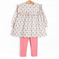 This set features a Christmas Tree and bow print, pink ruffle trim, and pink leggings to match.