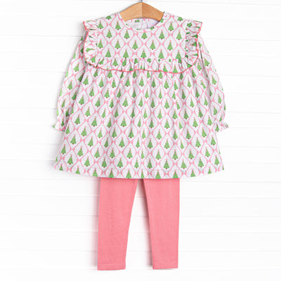 This set features a Christmas Tree and bow print, pink ruffle trim, and pink leggings to match.