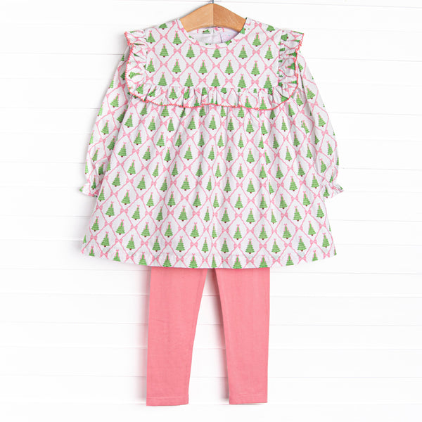 This set features a Christmas Tree and bow print, pink ruffle trim, and pink leggings to match.