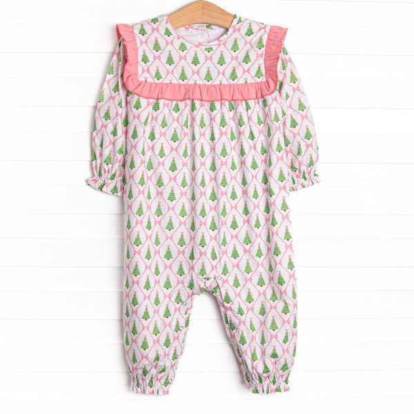  This romper features a Christmas Tree and bow print, pink ruffle trim, and snaps on the stride. 