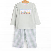 This set features a pale green material, a trio of cars smocking, and green gingham pants to match.