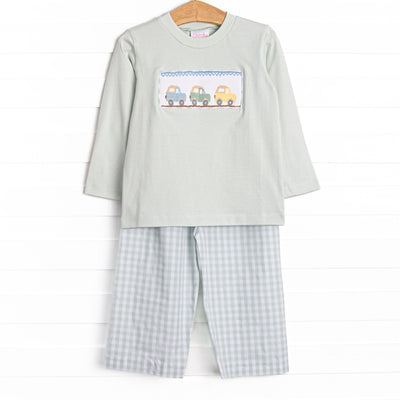 This set features a pale green material, a trio of cars smocking, and green gingham pants to match.