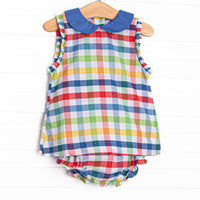 This set features a&nbsp; primary color check print, a blue peter pan collar and matching diaper cover.