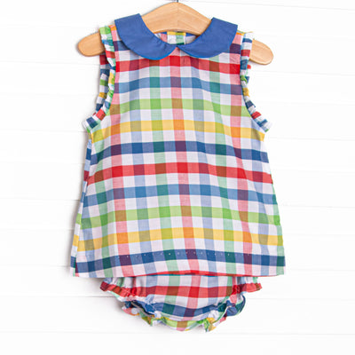 This set features a&nbsp; primary color check print, a blue peter pan collar and matching diaper cover.
