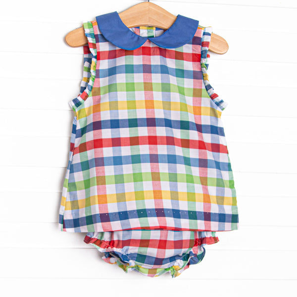 This set features a&nbsp; primary color check print, a blue peter pan collar and matching diaper cover.