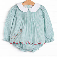 This set features a green gingham print, a peter pan collar, and reindeer embroidery. Matching diaper cover to complete the set.&nbsp;