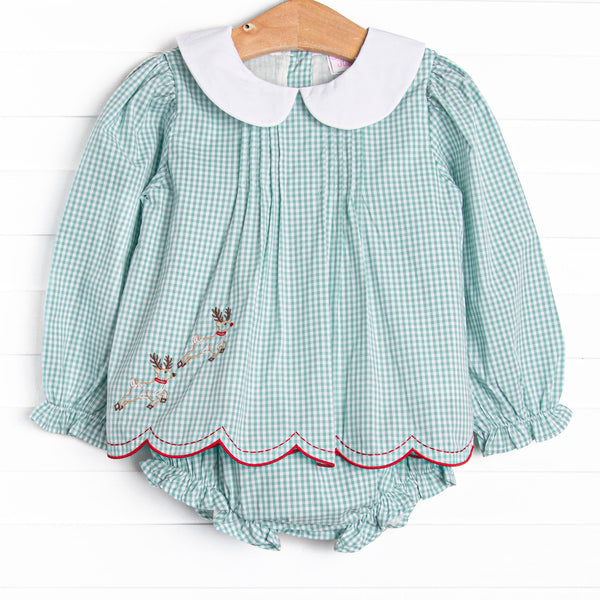 This set features a green gingham print, a peter pan collar, and reindeer embroidery. Matching diaper cover to complete the set.&nbsp;