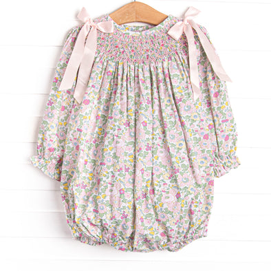 Bow Me Away Smocked Bubble, Green and Pink Floral