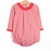 This cozy knit favorite is a staple for every little girl's closet. Featured here in red stripes and red ruffle collar add adorable details!