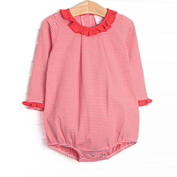 This cozy knit favorite is a staple for every little girl's closet. Featured here in red stripes and red ruffle collar add adorable details!