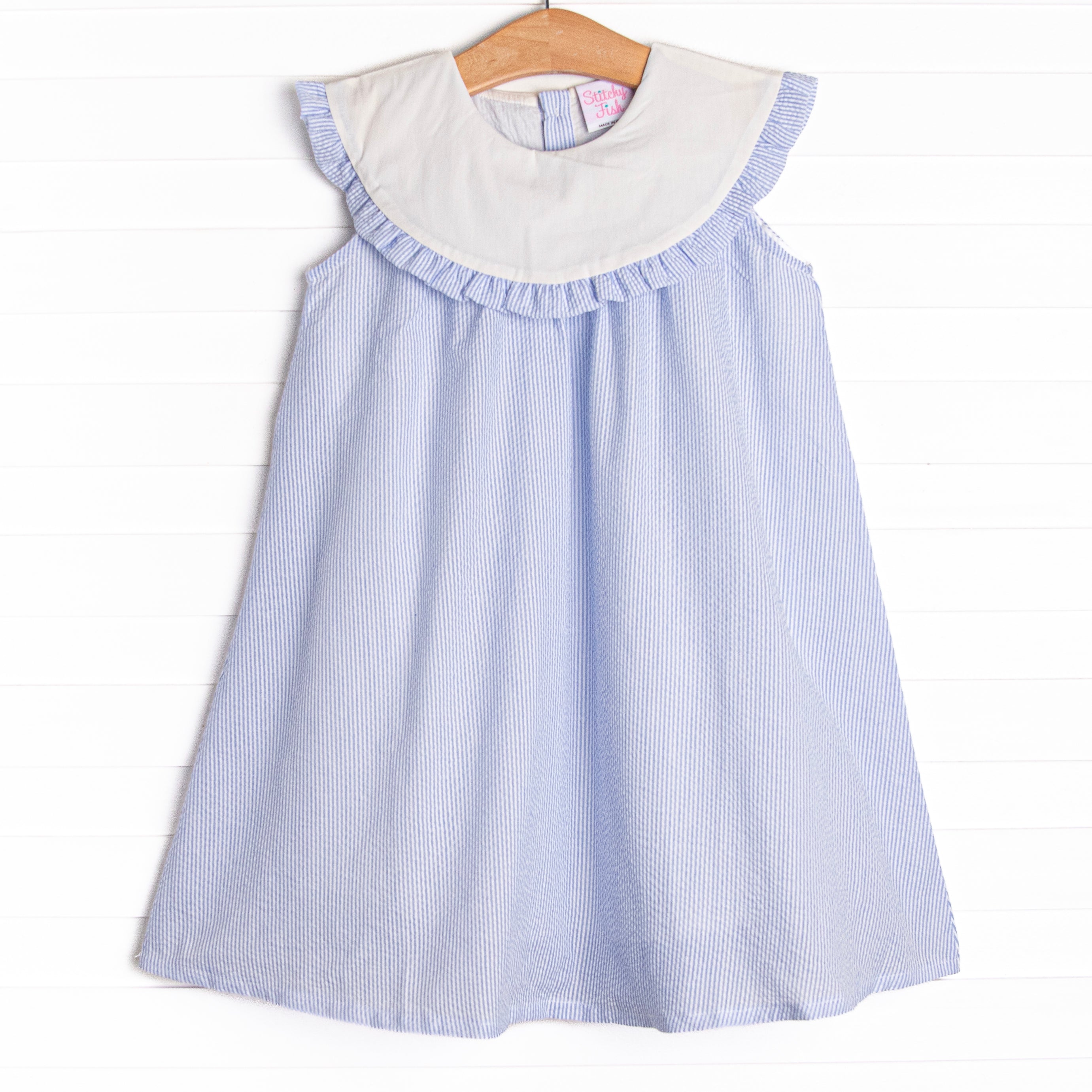Girl's Peyton Dress in Blue Seersucker size 4T | Stitchy Fish Girl's Peyton Dress in Blue Seersucker size 4T | Stitchy Fish