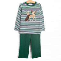 This set features the softest green striped knit material, a deer, dog, and duck applique, green pants.