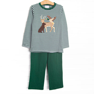 This set features the softest green striped knit material, a deer, dog, and duck applique, green pants.