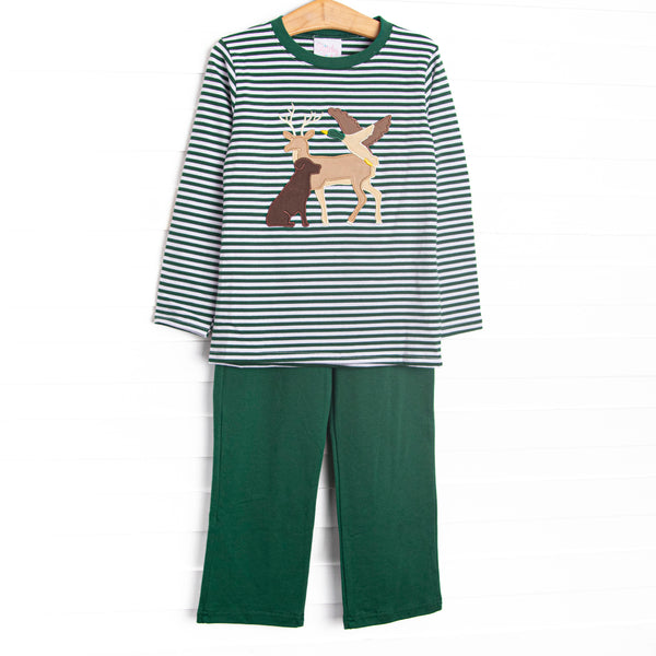 This set features the softest green striped knit material, a deer, dog, and duck applique, green pants.