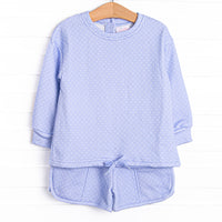 This set features a blue polka dot print, the most comfortable french terry, and drawstrings on both the top and bottoms.