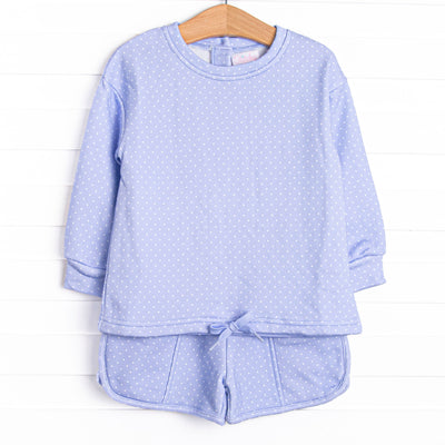 This set features a blue polka dot print, the most comfortable french terry, and drawstrings on both the top and bottoms.