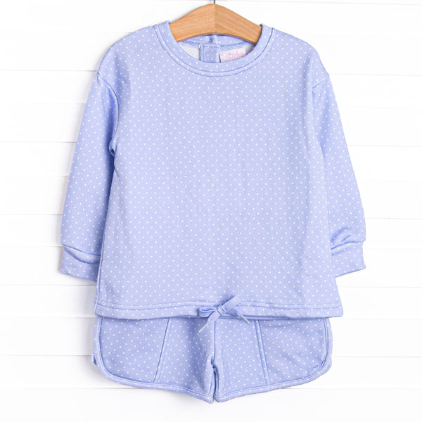 This set features a blue polka dot print, the most comfortable french terry, and drawstrings on both the top and bottoms.