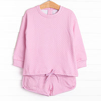  This set features a pink polka dot print, the most comfortable French terry, and drawstrings on both the top and bottoms. 