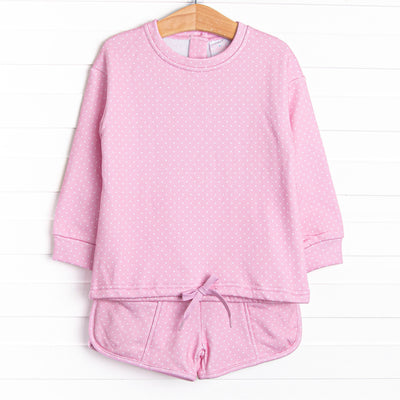  This set features a pink polka dot print, the most comfortable French terry, and drawstrings on both the top and bottoms. 