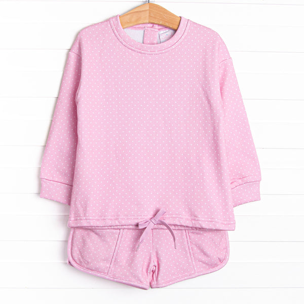  This set features a pink polka dot print, the most comfortable French terry, and drawstrings on both the top and bottoms. 