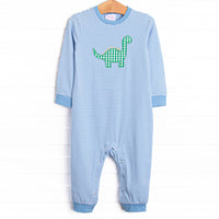  This bubble features purple striped print, snaps on the stride, and a dinosaur applique. 