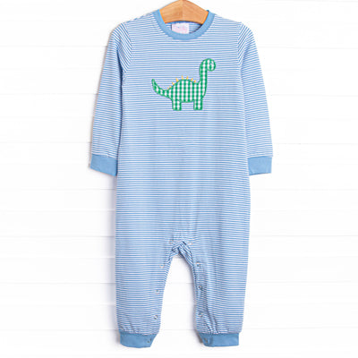  This bubble features purple striped print, snaps on the stride, and a dinosaur applique. 