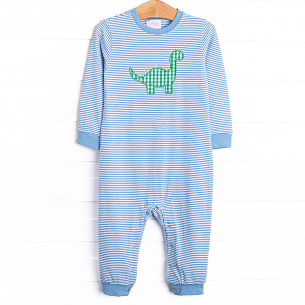  This bubble features purple striped print, snaps on the stride, and a dinosaur applique. 