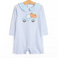 This romper features a blue striped print, a blue peter pan collar, and a pickup truck pumpkin applique.