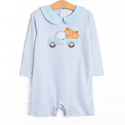 This romper features a blue striped print, a blue peter pan collar, and a pickup truck pumpkin applique.