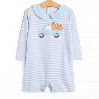 Pumpkin Pickup Applique Short Romper, Blue Stripe