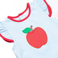 An Apple a Day Applique Scalloped Dress, Blue and Red