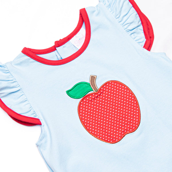 An Apple a Day Applique Scalloped Dress, Blue and Red