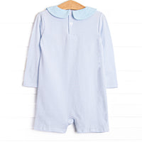 Pumpkin Pickup Applique Short Romper, Blue Stripe