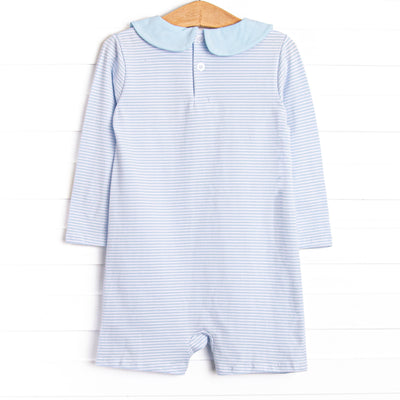 Pumpkin Pickup Applique Short Romper, Blue Stripe