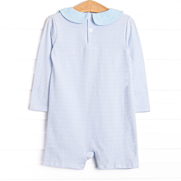 Pumpkin Pickup Applique Short Romper, Blue Stripe