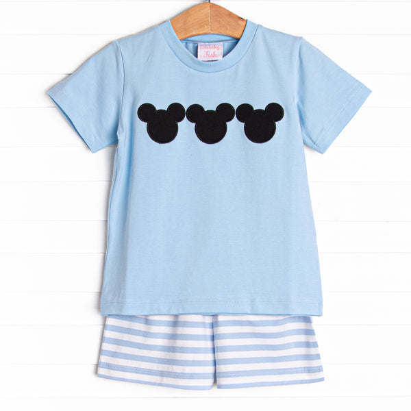 Mr. Mouse Applique Short Set, Blue Stripe