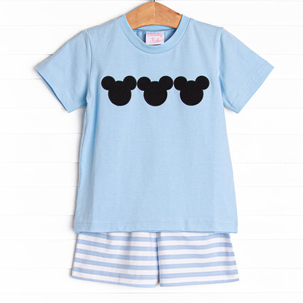 Mr. Mouse Applique Short Set, Blue Stripe