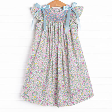 Smocked Bishop Dress - Blue Bow Bouquet