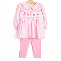 This set features pink striped fabric, ballerina trio applique, and a ruffle hem. Coordinated pink leggings to match.