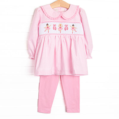 This set features pink striped fabric, ballerina trio applique, and a ruffle hem. Coordinated pink leggings to match.