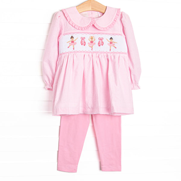 This set features pink striped fabric, ballerina trio applique, and a ruffle hem. Coordinated pink leggings to match.