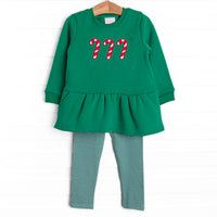 This set features a green sweatshirt material, a trio of candy cane appliques, and green striped leggings to match.