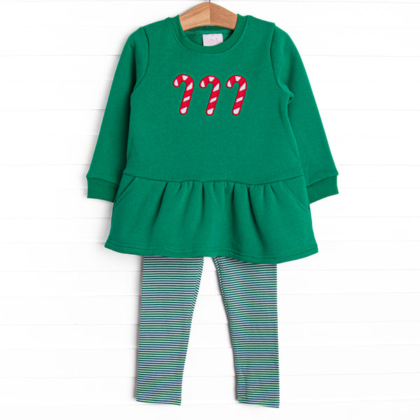 This set features a green sweatshirt material, a trio of candy cane appliques, and green striped leggings to match.