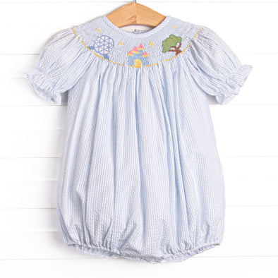 Amusement Park Adventures Smocked Puff Sleeve Bubble, Blue Seersucker